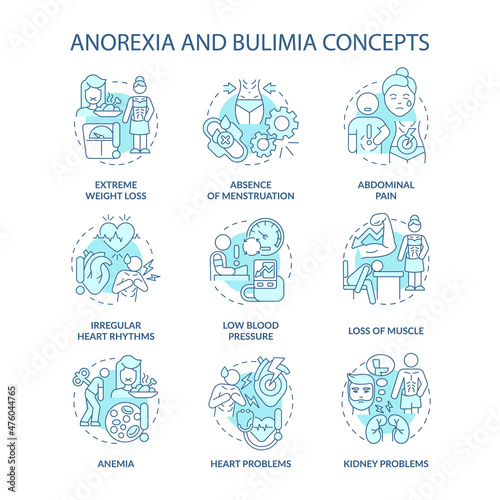 Anorexia and bulimia nervosa turquoise concept icons set. Eating disorders idea thin line color illustrations. Isolated outline drawings. Editable stroke. Roboto-Medium, Myriad Pro-Bold fonts used