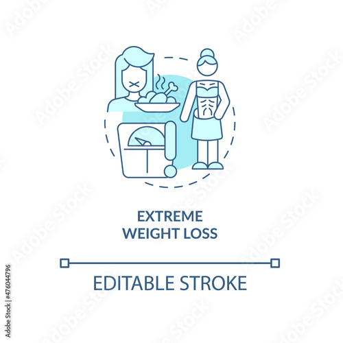 Extreme weight loss turquoise concept icon. Severe dieting. Anorexia symptoms abstract idea thin line illustration. Isolated outline drawing. Editable stroke. Roboto-Medium, Myriad Pro-Bold fonts used