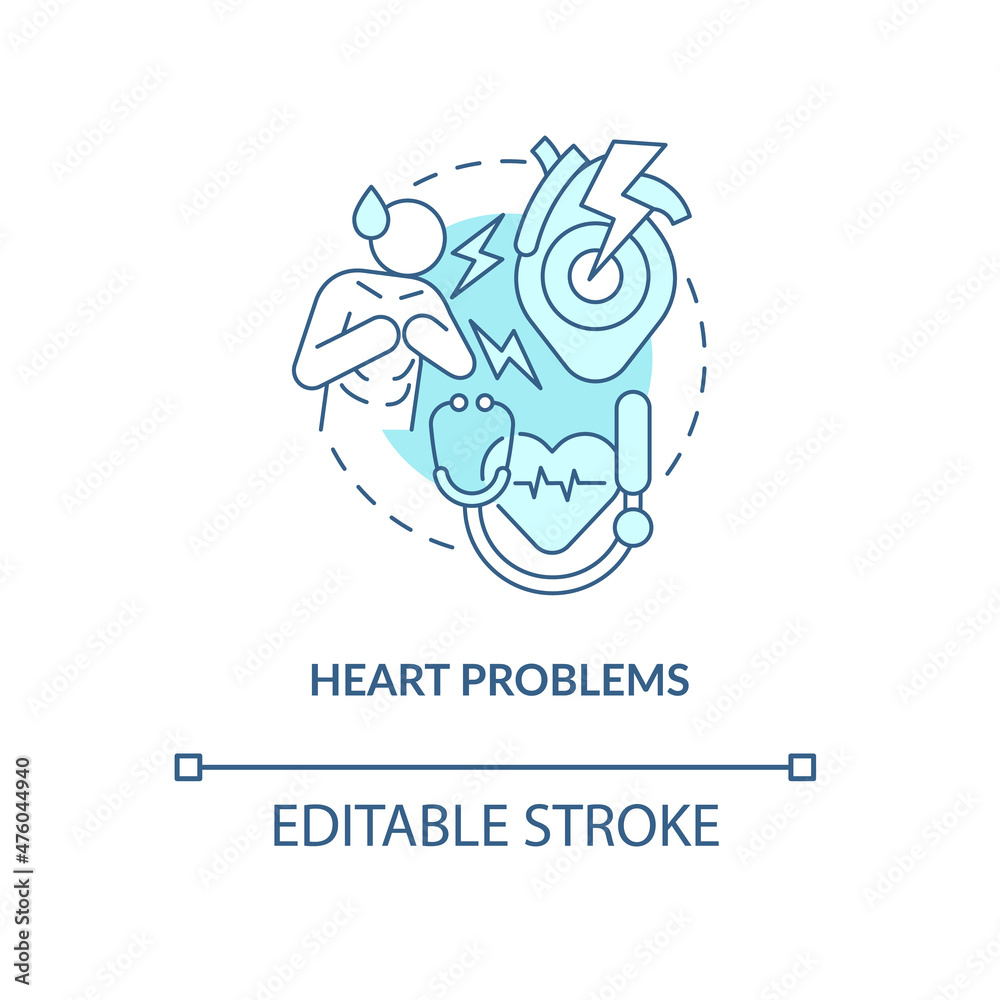 Heart problems turquoise concept icon. Cardio system disorder. Chest ache abstract idea thin line illustration. Isolated outline drawing. Editable stroke. Roboto-Medium, Myriad Pro-Bold fonts used Heart problems turquoise concept icon. Cardio system disorder. Chest ache abstract idea thin line illustration. Isolated outline drawing. Editable stroke. Roboto-Medium, Myriad Pro-Bold fonts used