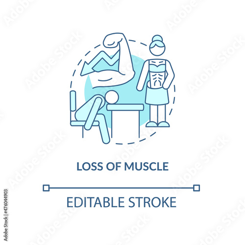 Loss of muscle turquoise concept icon. Musculoskeletal tissue atrophy abstract idea thin line illustration. Isolated outline drawing. Editable stroke. Roboto-Medium, Myriad Pro-Bold fonts used