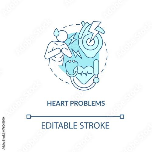 Heart problems turquoise concept icon. Cardio system disorder. Chest ache abstract idea thin line illustration. Isolated outline drawing. Editable stroke. Roboto-Medium, Myriad Pro-Bold fonts used