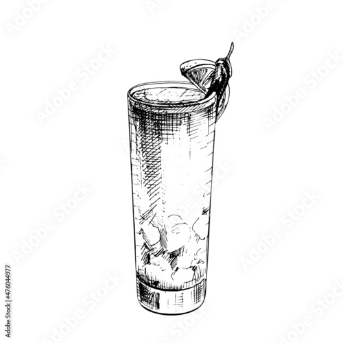 Tequila sunrise cocktai with cherry and slice orange. Vector vintage hatching