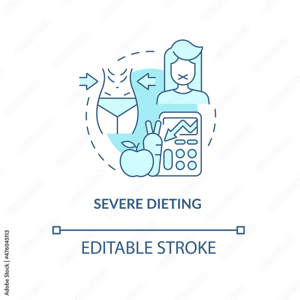 Severe dieting turquoise concept icon. Food intake refuse. Unhealthy slimming abstract idea thin line illustration. Isolated outline drawing. Editable stroke. Roboto-Medium, Myriad Pro-Bold fonts used