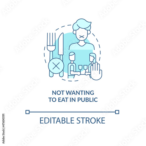 Not wanting to eat in public turquoise concept icon. Anxiety during dinner abstract idea thin line illustration. Isolated outline drawing. Editable stroke. Roboto-Medium, Myriad Pro-Bold fonts used
