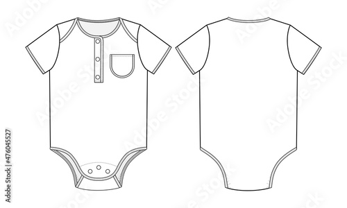 Fashion technical drawing of baby bodysuit with patch pocket 