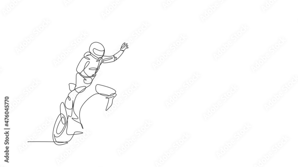 Animated self drawing of one continuous line draw young moto racer wave his hand to spectators. Super bike racing concept. Full length single line animation for motorbike race promotion poster. Animated self drawing of one continuous line draw young moto racer wave his hand to spectators. Super bike racing concept. Full length single line animation for motorbike race promotion poster.