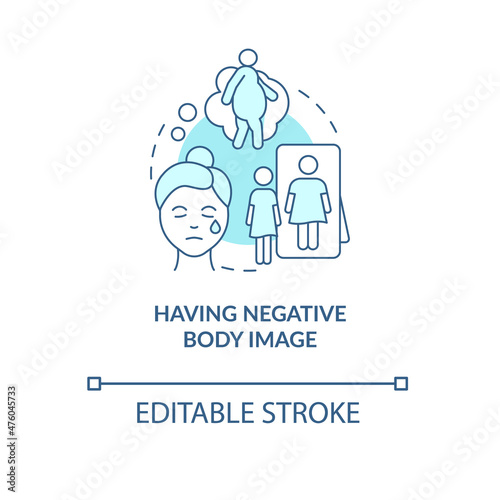 Having negative body image turquoise concept icon. Be unhappy with appearance abstract idea thin line illustration. Isolated outline drawing. Editable stroke. Roboto-Medium, Myriad Pro-Bold fonts used