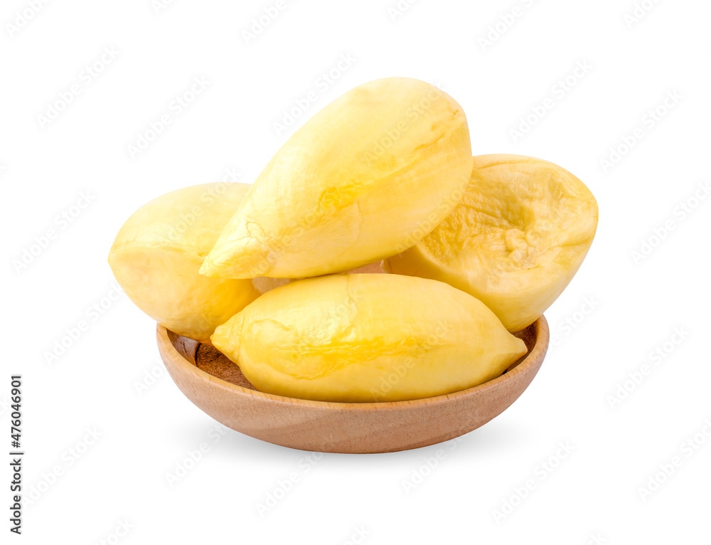 Durian on wooden plate isolated on white background.