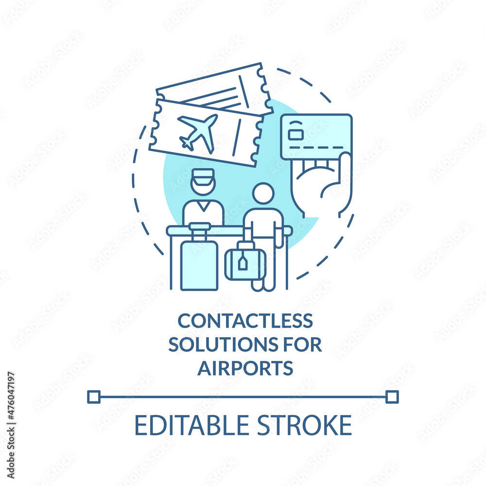 Contactless solutions in airports turquoise concept icon. Touchless system abstract idea thin line illustration. Isolated outline drawing. Editable stroke. Roboto-Medium, Myriad Pro-Bold fonts used