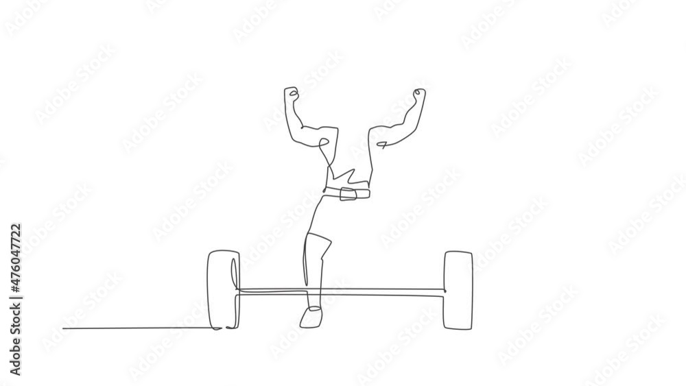 Animated self drawing of one continuous line draw young bodybuilder man doing exercise with a heavy weight bar in gym. Powerlifter train weightlifting concept. Full length single line animation. Animated self drawing of one continuous line draw young bodybuilder man doing exercise with a heavy weight bar in gym. Powerlifter train weightlifting concept. Full length single line animation.
