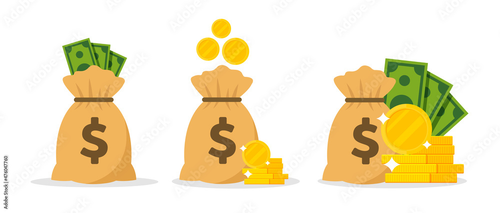 Money bag, dollar coins and banknotes in flat vector illustration. - obrazy, fototapety, plakaty 