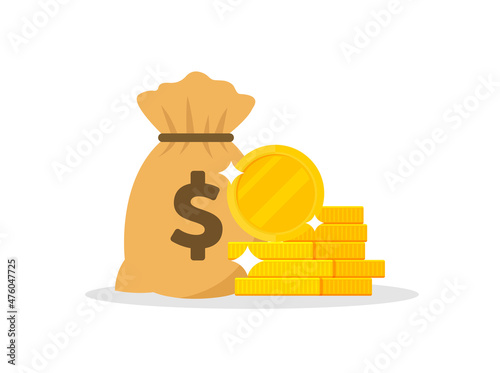 Money bag, coins in flat vector illustration.