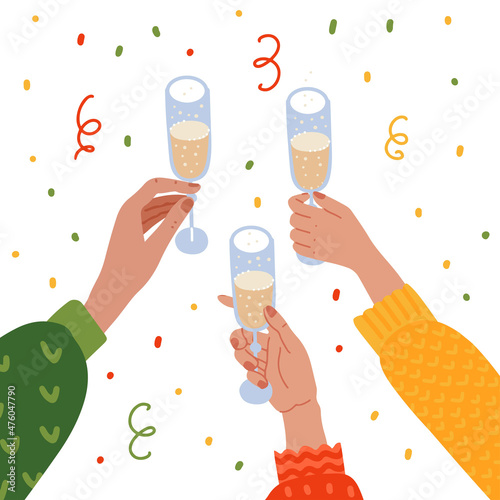 Raised hands holding champagne glasses. New year celebrating with confetti. Party invitation backgroundFlat hand drawn vector illustration. photo