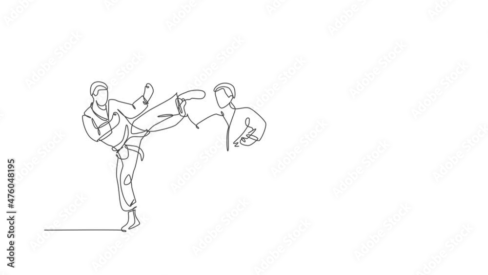 Animated self drawing of continuous line draw two young talented karateka men train pose for duel fighting at dojo gym center. Mastering martial art sport concept. Full length single line animation. Animated self drawing of continuous line draw two young talented karateka men train pose for duel fighting at dojo gym center. Mastering martial art sport concept. Full length single line animation.