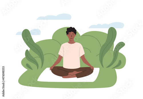 African male person with crossed legs closed eyes meditating on nature. Young man sitting cross-legged outdoor at park and practicing yoga. Meditation, abdominal breathing spiritual practice. Vector.