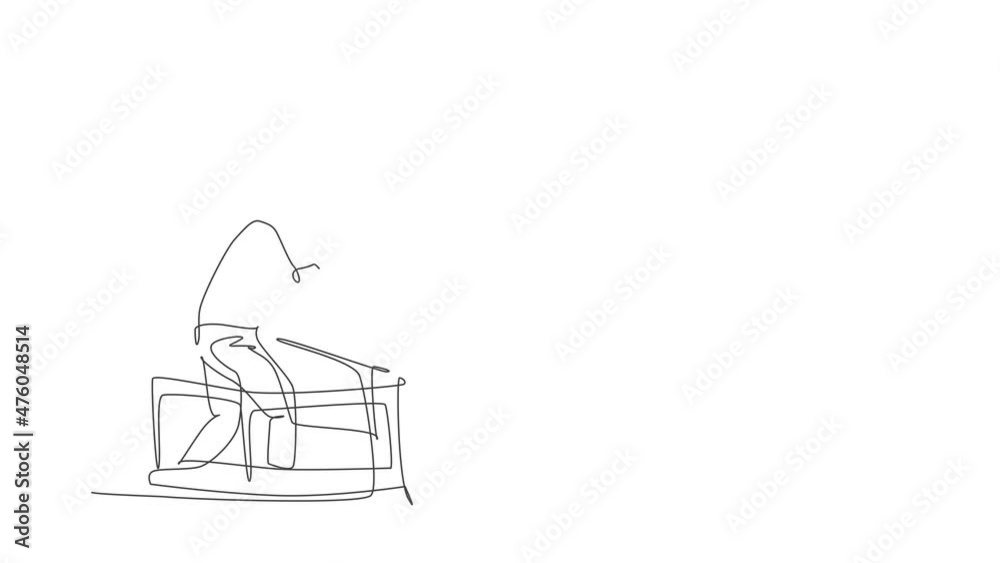 Animated self drawing of one continuous line draw young happy fisherman standing and fishing from ferry boat at the ocean. Fishing leisure hobby vacation concept. Full length single line animation. Animated self drawing of one continuous line draw young happy fisherman standing and fishing from ferry boat at the ocean. Fishing leisure hobby vacation concept. Full length single line animation.
