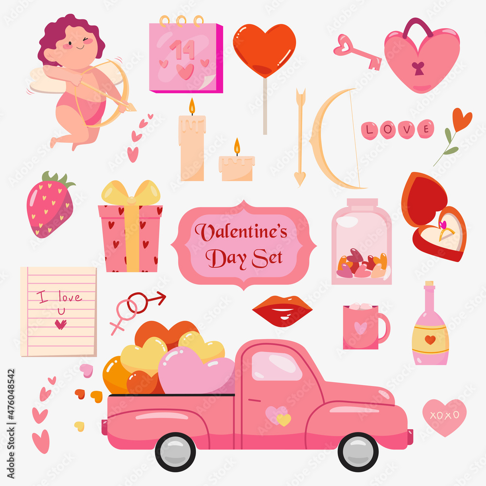 Valentine day set - cute cupid, truck full of hearts, champagne, ring, giftbox, lollipop, jar and hearts. Perfect for scrapbooking, greeting card, party invitation, poster, tag, sticker kit, clipart