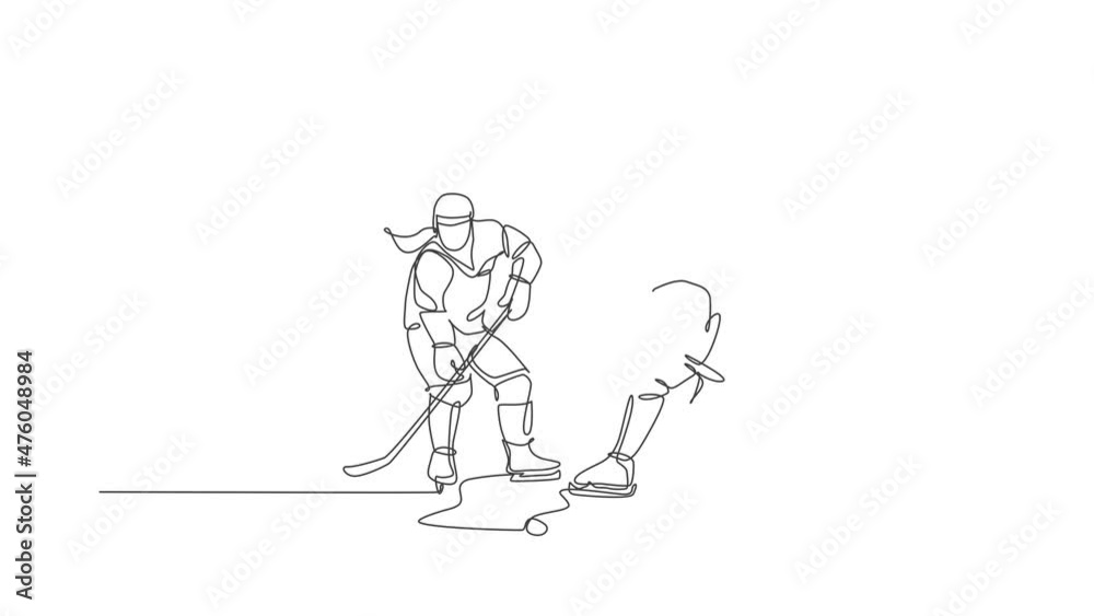 Animation of one line drawing of ice hockey player in action to win the puck at competitive game on ice rink stadium. Sport tournament concept. Continuous line self draw animated. Full length motion. Animation of one line drawing of ice hockey player in action to win the puck at competitive game on ice rink stadium. Sport tournament concept. Continuous line self draw animated. Full length motion.