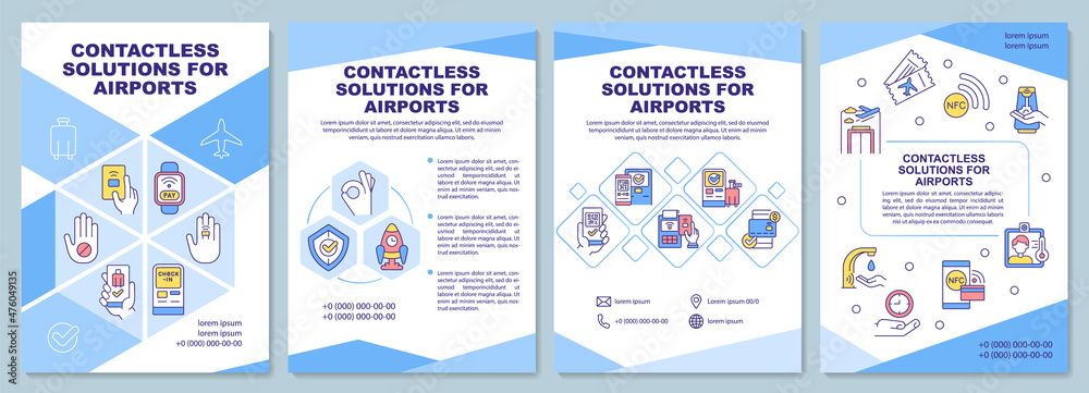 Contactless solution for airport brochure template. Booklet print design with linear icons. Vector layouts for presentation, annual reports, ads. Arial-Black, Myriad Pro-Regular fonts used