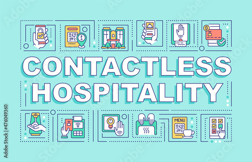 Contactless hospitality word concepts blue banner. Infographics with linear icons on background. Isolated typography. Vector outline color illustration with text. Arial-Black font used