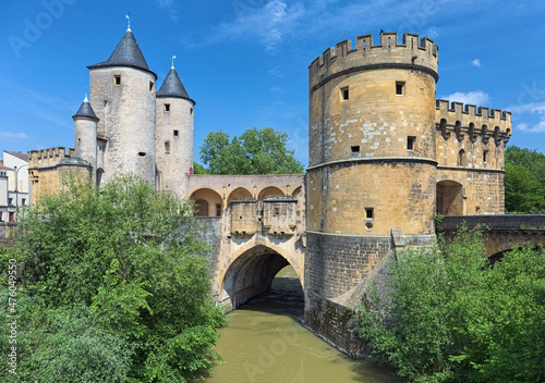 Germans' Gate (Porte des Allemands) in Metz, France. This is the medieval fortified bridge with two round towers of the 13th century and two gun bastions of the 15th century.