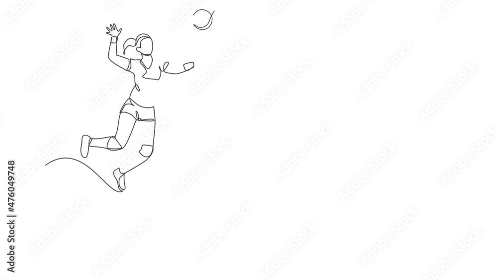 Animated self drawing of single continuous line draw female young volleyball athlete player in action jumping spike on court. Team sport concept. Competition game. Full length one line animation. Animated self drawing of single continuous line draw female young volleyball athlete player in action jumping spike on court. Team sport concept. Competition game. Full length one line animation.