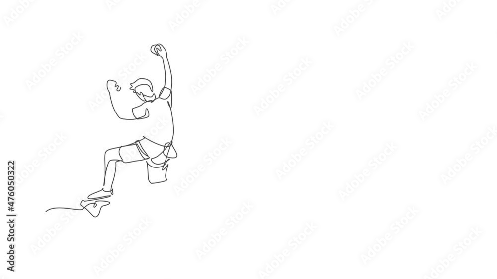 Animation of one line drawing of young active man climbing on cliff mountain holding safety rope. Extreme outdoor sport and bouldering concept. Continuous line self draw animated. Full length motion.