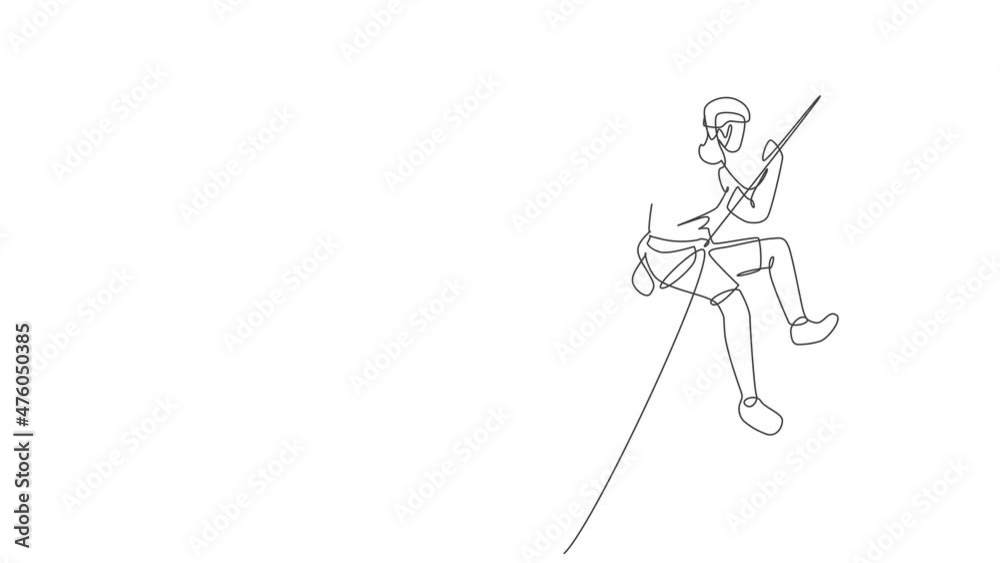 Animated self drawing of continuous line draw young bravery climber man practice overhanging rock cliff mountain with safety rope. Dangerous extreme sport concept. Full length single line animation. Animated self drawing of continuous line draw young bravery climber man practice overhanging rock cliff mountain with safety rope. Dangerous extreme sport concept. Full length single line animation.