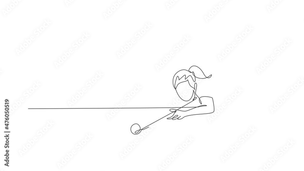 Animated self drawing of single continuous line draw young beauty professional athlete woman playing pool billiards at billiard room in bar. Indoor sport game concept. Full length one line animation. Animated self drawing of single continuous line draw young beauty professional athlete woman playing pool billiards at billiard room in bar. Indoor sport game concept. Full length one line animation.