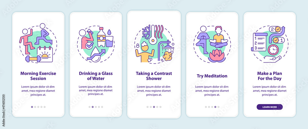 Daily routine onboarding mobile app screen. Selfcare for wellness walkthrough 5 steps graphic instructions pages with linear concepts. UI, UX, GUI template. Myriad Pro-Bold, Regular fonts used