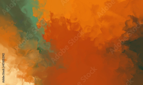 abstract watercolor paint in multiple colors. orange and green gradation. hand drawn brush painting artwork as liquid background texture illustration.