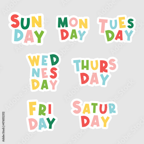 7 Days of the week. Sunday, Monday, Tuesday, Wednesday, Thursday, Friday, Saturday. Colorful words for planner, calendar, etc.