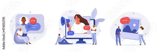 Communication and marketing illustration set. Characters posting in social media and sending ad messages. Influencer with megaphone inviting audience to join referral program. Vector illustration.