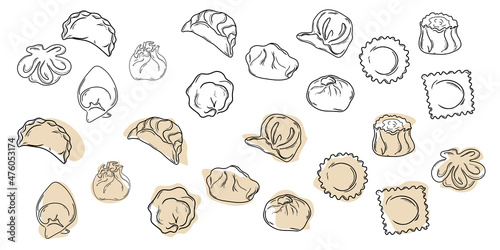 Set dumplings.
Manty, meat dumpling, pelmeni, jiaozi, pyanse or pigodi, khinkali, ravioli or pierogi  . Hand drawn doodle illustration. Vector