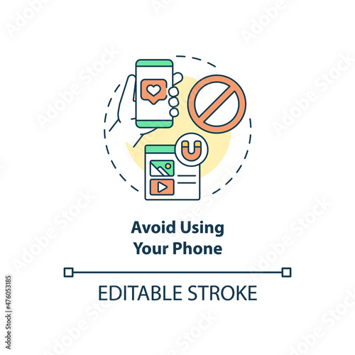 Avoid using your phone concept icon. Limit gadgets for better sleeping abstract idea thin line illustration. Isolated outline drawing. Editable stroke. Roboto-Medium, Myriad Pro-Bold fonts used