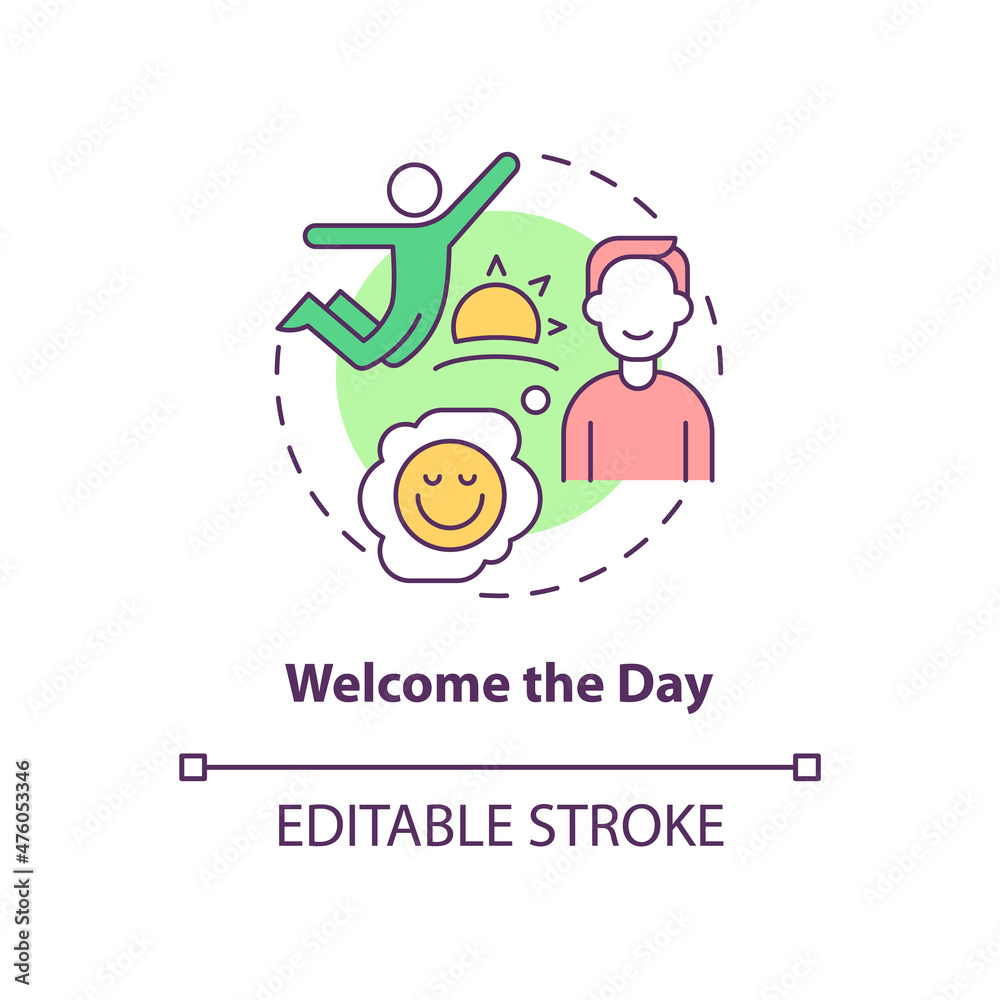 Welcome day concept icon. Positive mindset and morning routine abstract idea thin line illustration. Isolated outline drawing. Editable stroke. Roboto-Medium, Myriad Pro-Bold fonts used Welcome day concept icon. Positive mindset and morning routine abstract idea thin line illustration. Isolated outline drawing. Editable stroke. Roboto-Medium, Myriad Pro-Bold fonts used