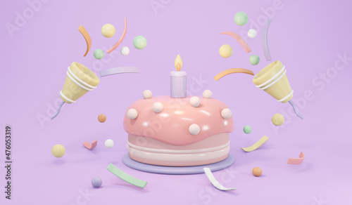 3D Rendering of birthday cake with candle and party popper popping confetti in pastel theme concept of birthday party background. 3D Render illustration.