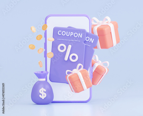 A gift coupon on a mobile phone with gifts and a money bag. 3d rendering