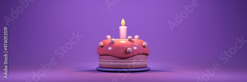 3D Rendering of birthday cake with candle in dark pastel theme concept of birthday party banner. 3D Render illustration.