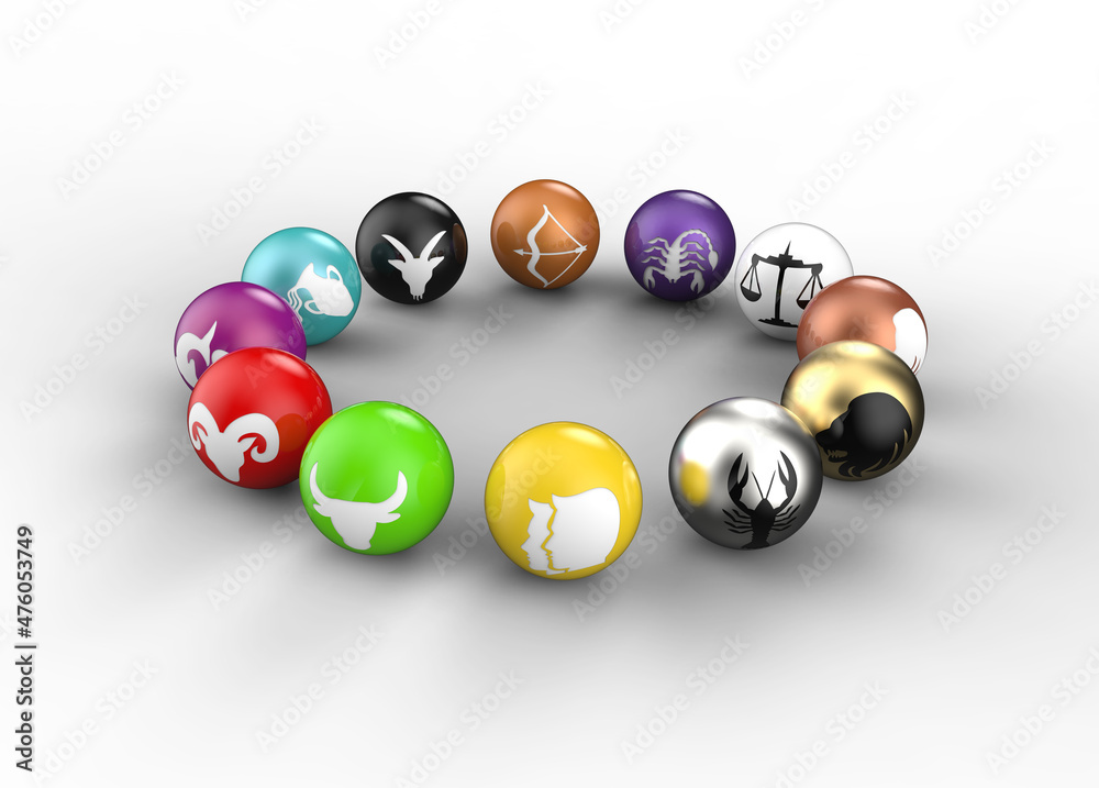 Sphere balls with Zodiac symbols arranged in a ring on a white isolated background Sphere balls with Zodiac symbols arranged in a ring on a white isolated background