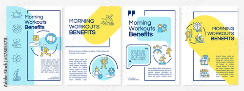 Morning workout benefits blue and yellow brochure template. Booklet print design with linear icons. Vector layouts for presentation, annual reports, ads. Questrial-Regular, Lato-Regular fonts used