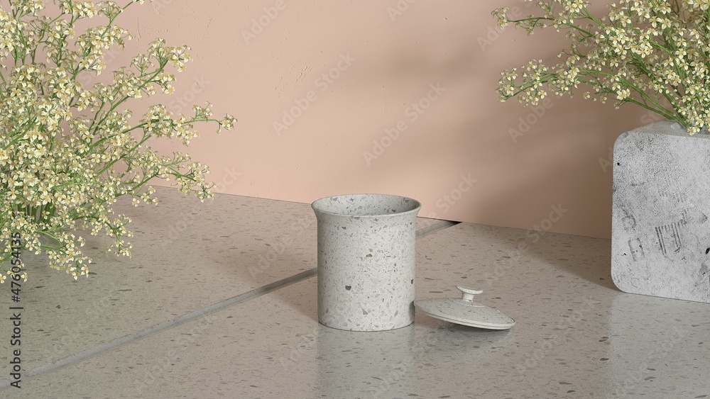 3D background, stone pan on natural leaf shadow pastel beige backdrop. Tropical product promotion Beauty cosmetics display. 3D background, stone pan on natural leaf shadow pastel beige backdrop. Tropical product promotion Beauty cosmetics display.