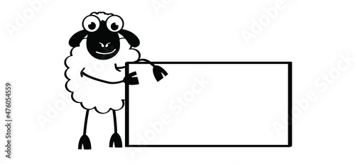Cartoon, comic cut white sheep stickman with empty signboard. sheep icon. Drawing black sheep lamb sign or pictogram. Stick figure character. Happy animal face. Vector billboard poster banner. Vector