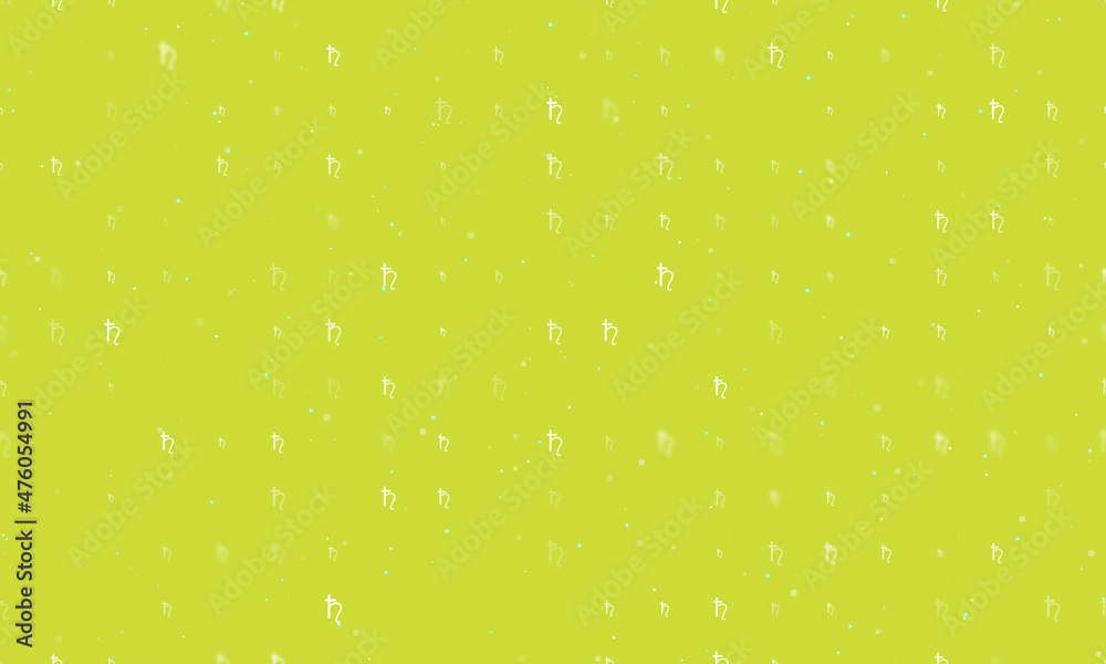 Seamless background pattern of evenly spaced white astrological saturn symbols of different sizes and opacity. Vector illustration on lime background with stars Seamless background pattern of evenly spaced white astrological saturn symbols of different sizes and opacity. Vector illustration on lime background with stars