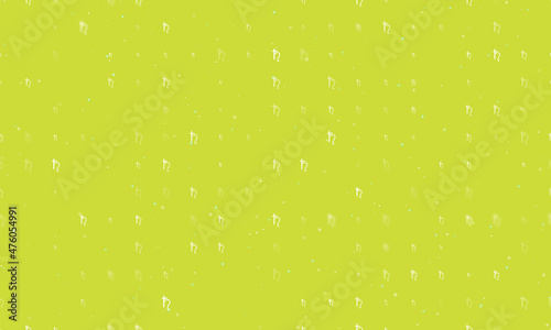 Seamless background pattern of evenly spaced white astrological saturn symbols of different sizes and opacity. Vector illustration on lime background with stars