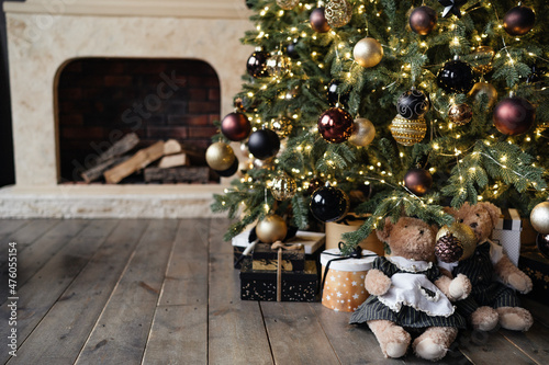 teddy bears under Christmas tree, gifts for Christmas. High quality photo