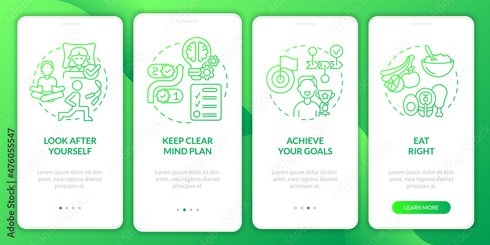 Well balanced life tips green gradient onboarding mobile app screen. Tips walkthrough 4 steps graphic instructions pages with linear concepts. UI, UX, GUI template. Myriad Pro-Bold, Regular fonts used