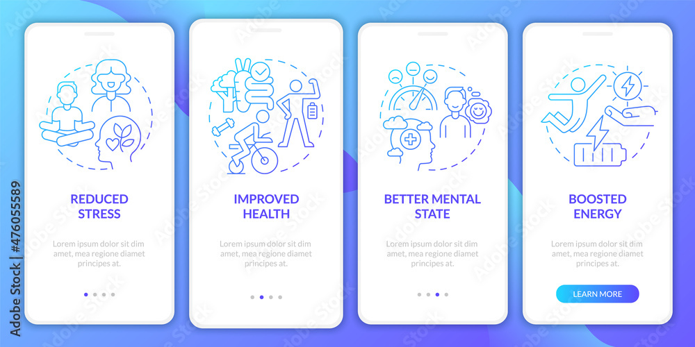 Life balance benefits blue gradient onboarding mobile app screen. Health walkthrough 4 steps graphic instructions pages with linear concepts. UI, UX, GUI template. Myriad Pro-Bold, Regular fonts used