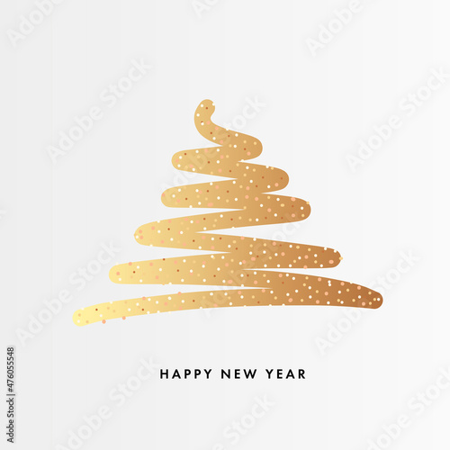 Cristmas tree stylized graphic element, single golden brush line creatin silhouette
