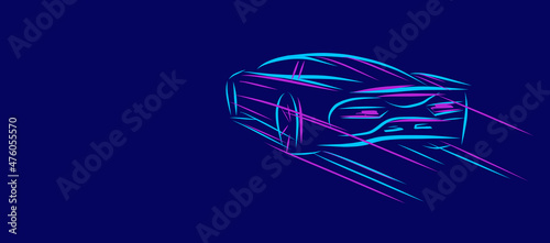Line sketch illustration of a sport car, bsck view driving away on high speed, neon bright movement track
